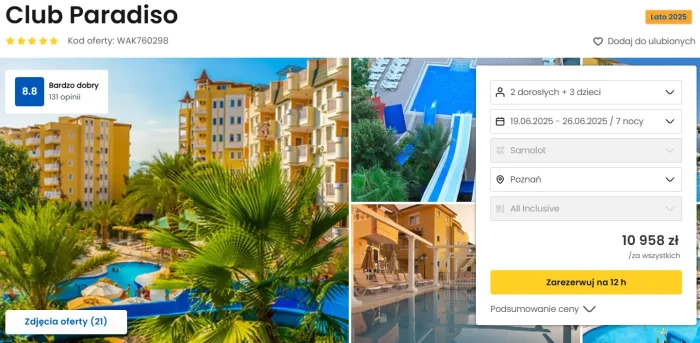 oferta hotelu Club Paradiso w Turcji ceny