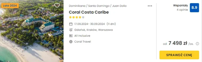 Oferta hotelu Coral Costa Caribe na Dominikanie ceny