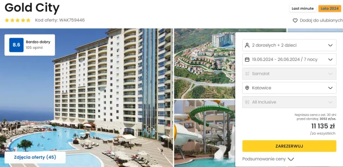oferta hotelu gold city w turcji ceny