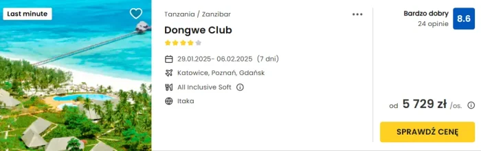 oferta hotelu Dongwe Club na Zanzibarze ceny