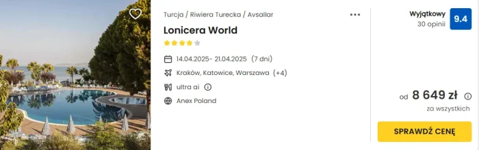 oferta hotelu Lonicera World w Turcji ceny