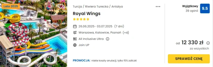 Oferta hotelu Royal Wings w Turcji ceny