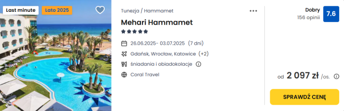 oferta hotelu Mehari Hammamet w Tunezji ceny