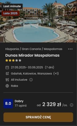 Oferta hotelu Dunas Mirador Maspalomas w Hiszpanii ceny