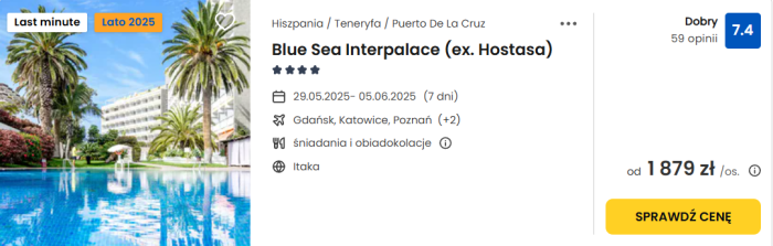 oferta hotelu Blue Sea Interpalace na Teneryfie ceny