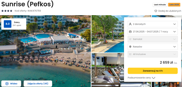 oferta hotelu Sunrise w Grecji ceny