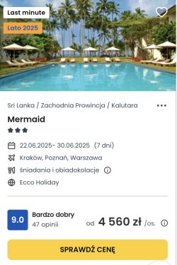 oferta hotelu Mermaid na Sri Lance ceny