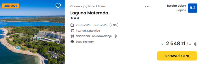 oferta hotelu Laguna Materada w Chorwacji ceny