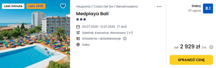 oferta hotelu Medplaya Bali w Hiszpanii ceny