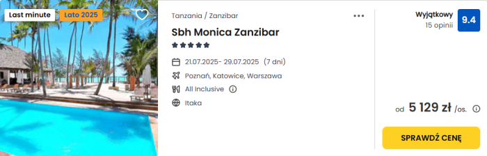 oferta hotelu Sbh Monica Zanzibar ceny