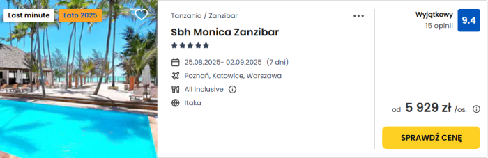 oferta hotelu Sbh Monica Zanzibar ceny