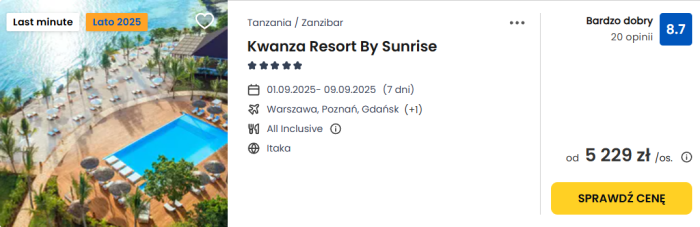 oferta hotelu Kwanza Resort By Sunrise na Zanzibarze ceny